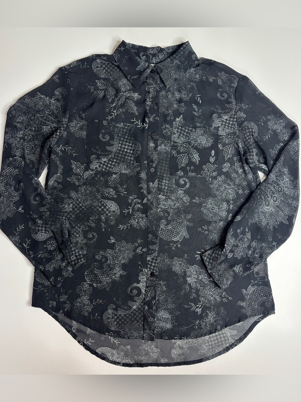Decree Sheer Floral Blouse Black Gray Button Up Grunge Boho Top M